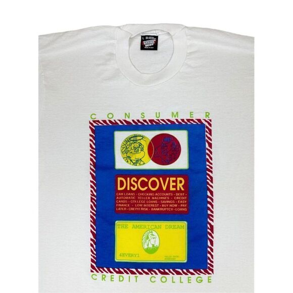 Vintage 90s Consumer Credit College T-Shirt Large White Money Single Stitch - Picture 1 of 10